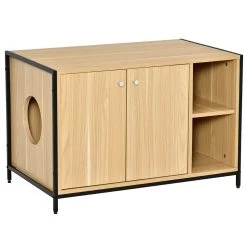 Tout neuf 🥰 Pawhut Maison de toilette pour chat 2 portes avec entrée latérale 2 niches plateau châssis acier panneaux particules aspect bois clair 🌟