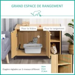 Tout neuf 🥰 Pawhut Maison de toilette pour chat 2 portes avec entrée latérale 2 niches plateau châssis acier panneaux particules aspect bois clair 🌟 -Promos Chat Boutique 3662970006122 4