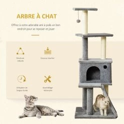 Meilleure affaire 🧨 Pawhut Arbre à chat centre d'activités multi-équipé griffoirs grattoir jeu boule suspendue niche housse amovible plateformes gris 🌟 -Promos Chat Boutique 3662970014134 4