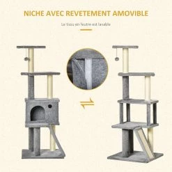 Meilleure affaire 🧨 Pawhut Arbre à chat centre d'activités multi-équipé griffoirs grattoir jeu boule suspendue niche housse amovible plateformes gris 🌟 -Promos Chat Boutique 3662970014134 6