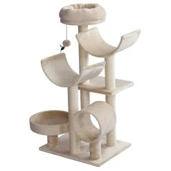 De gros 🤩 Pawhut Arbre à chats multi-équipements griffoirs grattoirs plates-formes + tunnel + jouet suspendu dim. 50L x 40l x 105H cm beige 🛒