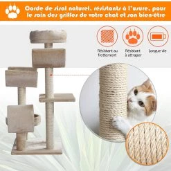 De gros 🤩 Pawhut Arbre à chats multi-équipements griffoirs grattoirs plates-formes + tunnel + jouet suspendu dim. 50L x 40l x 105H cm beige 🛒 -Promos Chat Boutique 3662970041765 5