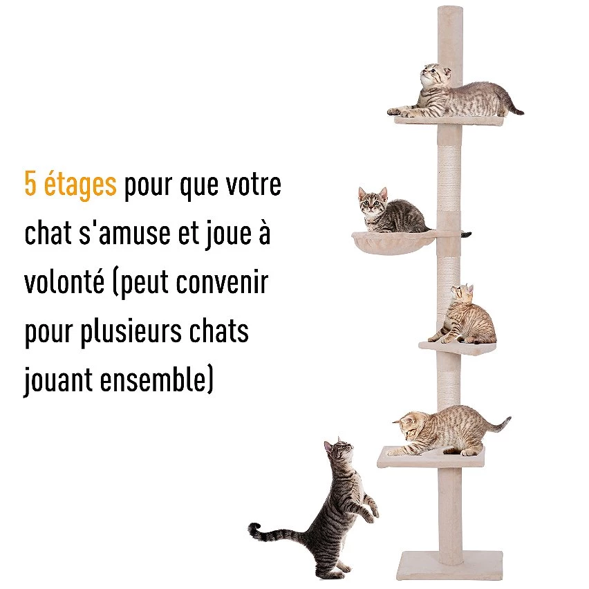 Nouveau 🎉 Pawhut Arbre à chat poteau à griffer L40 x l 34 x H 230-260 cm 5 niveaux d'activités beige 😉 12 Nouveau 🎉 Pawhut Arbre à chat poteau à griffer L40 x l 34 x H 230-260 cm 5 niveaux d'activités beige 😉 – Image 12