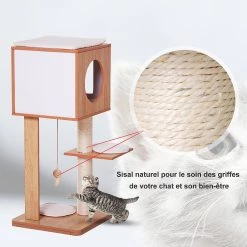 Meilleure vente 😉 Pawhut Arbre à chats design contemporain griffoir grattoir sisal naturel niche plate-forme jeu boule suspendue 50L x 40l x 91H cm MDF hêtre 🧨 -Promos Chat Boutique 3662970060070 6