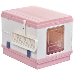 Remise 😉 Pawhut Maison de toilette pliable portable pour chat tiroir à litière coulissant porte battante transparente + pelle fournis 43L x 54l x 42H cm rose 🤩