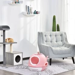 De gros ✔️ Pawhut Maison de toilette portable pour chat tiroir à litière coulissant porte battante lucarne + pelle fournis dim. 47L x 55l x 44H cm rose 🎁 -Promos Chat Boutique 3662970066744 4