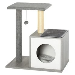 Budget 🔥 Pawhut Arbre à chats design contemporain griffoir grattoir sisal naturel centre d'activités niche plateforme jeu boule suspendue gris ⭐