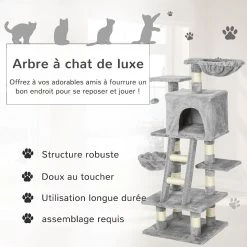 Meilleure vente ✨ Pawhut Arbre à chats multi-équipements griffoirs grattoirs niche plateformes + échelle + hamacs + boule suspendue gris 🧨 -Promos Chat Boutique 3662970070857 4