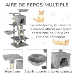 Meilleure vente ✨ Pawhut Arbre à chats multi-équipements griffoirs grattoirs niche plateformes + échelle + hamacs + boule suspendue gris 🧨 -Promos Chat Boutique 3662970070857 6