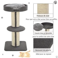 Coupon 👏 Pawhut Arbre à chat avec griffoir centre d'activités 2 plateformes coussin gris ⭐ -Promos Chat Boutique 3662970070864 5