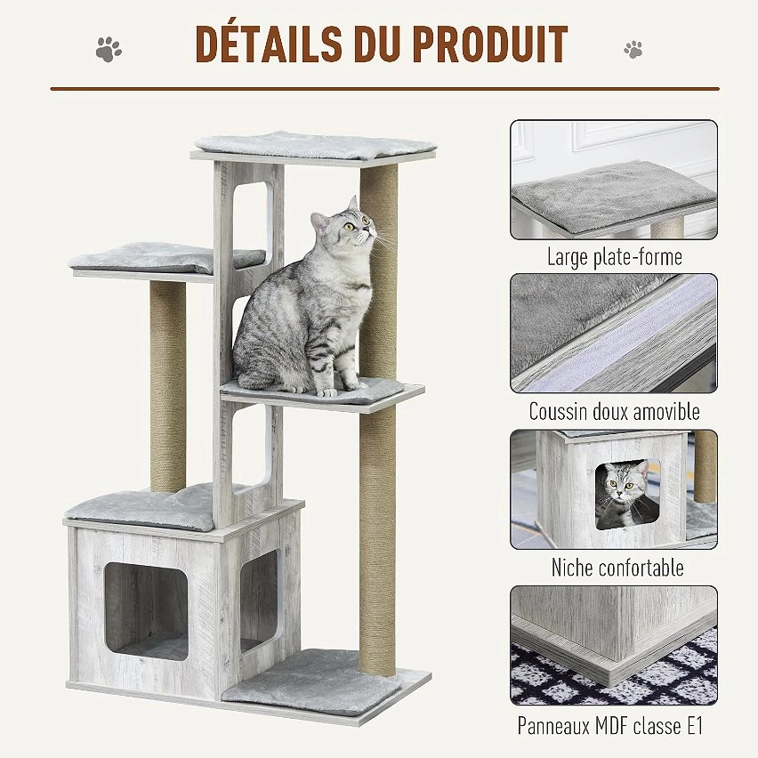 Nouveau 👏 Pawhut Arbre à chats design contemporain griffoirs grattoirs sisal naturel niche plate-formes 6 coussins MDF bois gris 😀 5 Nouveau 👏 Pawhut Arbre à chats design contemporain griffoirs grattoirs sisal naturel niche plate-formes 6 coussins MDF bois gris 😀 – Image 5