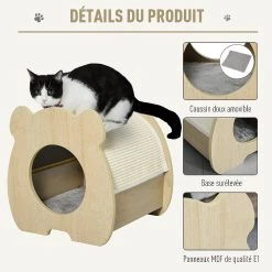 De gros ✨ Pawhut Maison pour chat design - niche chat panier chat - coussin, grattoir amovibles sisal naturel inclus - MDF bois beige clair 💯 -Promos Chat Boutique 3662970075975 6