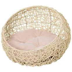 Coupon 😉 PawHut Panier chat lit chat cosy grand confort dim. Ø 56 x 35H cm coussin moelleux inclus PVC imitation rotin beige ⌛