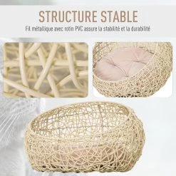 Coupon 😉 PawHut Panier chat lit chat cosy grand confort dim. Ø 56 x 35H cm coussin moelleux inclus PVC imitation rotin beige ⌛ -Promos Chat Boutique 3662970076989 4