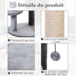 Meilleur prix ❤️ Pawhut Arbre à chats multi-équipements griffoirs grattoirs plateformes niche jeu boule suspendue Ø 48 x 104H cm gris ❤️ -Promos Chat Boutique 3662970076996 7