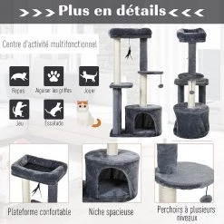 Budget ⌛ Pawhut Arbre à chats avec griffoirs grattoirs sisal naturel centre d'activités niche plateformes 2 jouets suspendus gris ⭐ -Promos Chat Boutique 3662970077009 4