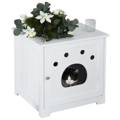 Vente flash 🌟 Pawhut Maison de toilette pour chat design porte entrée patte chat 2 MDF blanc 🌟