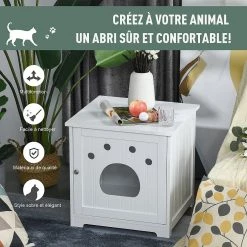 Vente flash 🌟 Pawhut Maison de toilette pour chat design porte entrée patte chat 2 MDF blanc 🌟 -Promos Chat Boutique 3662970077023 4