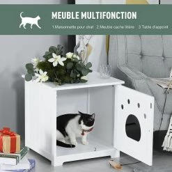 Vente flash 🌟 Pawhut Maison de toilette pour chat design porte entrée patte chat 2 MDF blanc 🌟 -Promos Chat Boutique 3662970077023 5