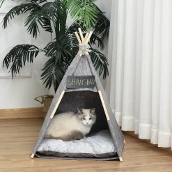 Budget ⭐ PawHut Tente tipi pour animaux - teepee chat ou chien - coussin épais grand confort inclus - structure bois de pin feutre peluche PV gris ⌛ -Promos Chat Boutique 3662970084403 4