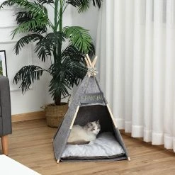 Budget ⭐ PawHut Tente tipi pour animaux - teepee chat ou chien - coussin épais grand confort inclus - structure bois de pin feutre peluche PV gris ⌛ -Promos Chat Boutique 3662970084403 5