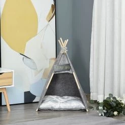 Budget ⭐ PawHut Tente tipi pour animaux - teepee chat ou chien - coussin épais grand confort inclus - structure bois de pin feutre peluche PV gris ⌛ -Promos Chat Boutique 3662970084403 6