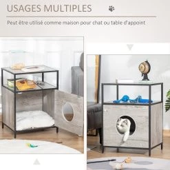 Tout neuf 🔔 Pawhut Maison de toilette pour chat style contemporain coussin peluche douce inclus châssis acier noir aspect bois gris ⭐ -Promos Chat Boutique 3662970086483 4