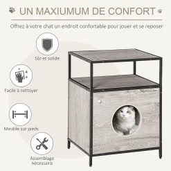 Tout neuf 🔔 Pawhut Maison de toilette pour chat style contemporain coussin peluche douce inclus châssis acier noir aspect bois gris ⭐ -Promos Chat Boutique 3662970086483 5