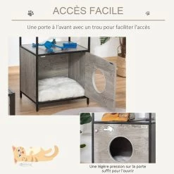 Tout neuf 🔔 Pawhut Maison de toilette pour chat style contemporain coussin peluche douce inclus châssis acier noir aspect bois gris ⭐ -Promos Chat Boutique 3662970086483 6