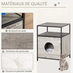 Tout neuf 🔔 Pawhut Maison de toilette pour chat style contemporain coussin peluche douce inclus châssis acier noir aspect bois gris ⭐ -Promos Chat Boutique 3662970086483 7