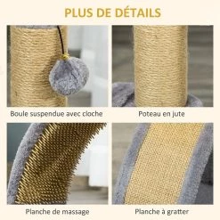 Meilleure vente 🤩 Pawhut Arbre à chat griffoir grattoir design jeu boule suspendue + demi-arc de massage peluche jute naturelle gris 🎁 -Promos Chat Boutique 3662970086490 5