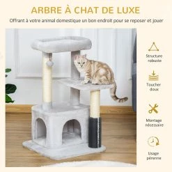 Nouveau 🛒 Pawhut Arbre à chat griffoirs sisal naturel et massant grande niche plateforme panier jeu boule suspendue peluche gris ✔️ -Promos Chat Boutique 3662970086506 4