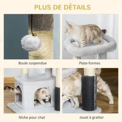 Nouveau 🛒 Pawhut Arbre à chat griffoirs sisal naturel et massant grande niche plateforme panier jeu boule suspendue peluche gris ✔️ -Promos Chat Boutique 3662970086506 5