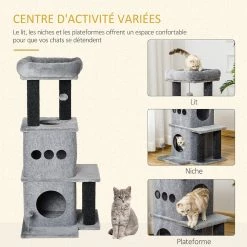 Remise 😀 Pawhut Arbre à chat centre d'activités griffoirs jeu boule suspendue et à ressort 2 niches housses amovibles plateformes gris 😀 -Promos Chat Boutique 3662970086513 4