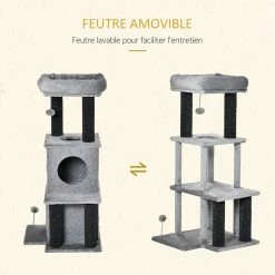 Remise 😀 Pawhut Arbre à chat centre d'activités griffoirs jeu boule suspendue et à ressort 2 niches housses amovibles plateformes gris 😀 -Promos Chat Boutique 3662970086513 6