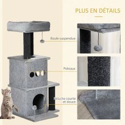 Remise 😀 Pawhut Arbre à chat centre d'activités griffoirs jeu boule suspendue et à ressort 2 niches housses amovibles plateformes gris 😀 -Promos Chat Boutique 3662970086513 7