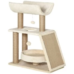 Meilleur prix 👍 Pawhut Arbre à chat griffoirs grattoir jeu boules suspendues plateformes ronde, rectangulaire et demi-cylindrique peluche jute naturelle beige 🥰