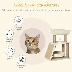 Meilleur prix 👍 Pawhut Arbre à chat griffoirs grattoir jeu boules suspendues plateformes ronde, rectangulaire et demi-cylindrique peluche jute naturelle beige 🥰 -Promos Chat Boutique 3662970087466 5