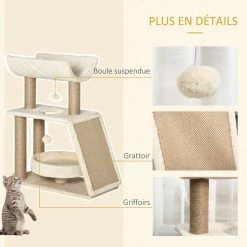 Meilleur prix 👍 Pawhut Arbre à chat griffoirs grattoir jeu boules suspendues plateformes ronde, rectangulaire et demi-cylindrique peluche jute naturelle beige 🥰 -Promos Chat Boutique 3662970087466 6