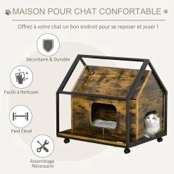Meilleure affaire 🤩 Pawhut Maison pour chat design industriel - niche chat sur roulettes - grand coussin inclus - double porte et sortie - châssis acier noir aspect bois vieill 🧨 -Promos Chat Boutique 3662970087596 4