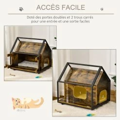 Meilleure affaire 🤩 Pawhut Maison pour chat design industriel - niche chat sur roulettes - grand coussin inclus - double porte et sortie - châssis acier noir aspect bois vieill 🧨 -Promos Chat Boutique 3662970087596 5