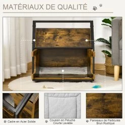 Meilleure affaire 🤩 Pawhut Maison pour chat design industriel - niche chat sur roulettes - grand coussin inclus - double porte et sortie - châssis acier noir aspect bois vieill 🧨 -Promos Chat Boutique 3662970087596 6