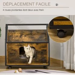 Meilleure affaire 🤩 Pawhut Maison pour chat design industriel - niche chat sur roulettes - grand coussin inclus - double porte et sortie - châssis acier noir aspect bois vieill 🧨 -Promos Chat Boutique 3662970087596 7