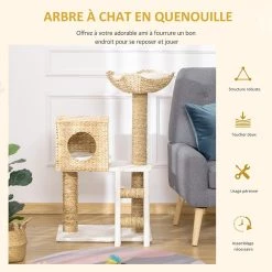 Offres 😉 Pawhut Arbre à chat style cosy chic griffoirs quenouille échelle niche panier 2 coussins inclus peluche courte polyester haute densité crème beige 🎁 -Promos Chat Boutique 3662970087923 4