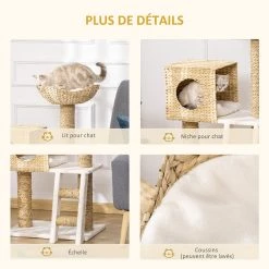 Offres 😉 Pawhut Arbre à chat style cosy chic griffoirs quenouille échelle niche panier 2 coussins inclus peluche courte polyester haute densité crème beige 🎁 -Promos Chat Boutique 3662970087923 5