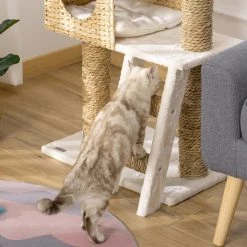 Offres 😉 Pawhut Arbre à chat style cosy chic griffoirs quenouille échelle niche panier 2 coussins inclus peluche courte polyester haute densité crème beige 🎁 -Promos Chat Boutique 3662970087923 7