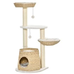 Sortie ⭐ Pawhut Arbre à chat style cosy chic griffoirs sisal naturel niche 2 paniers avec coussins plateforme 2 boules suspendues 😀