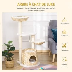 Sortie ⭐ Pawhut Arbre à chat style cosy chic griffoirs sisal naturel niche 2 paniers avec coussins plateforme 2 boules suspendues 😀 -Promos Chat Boutique 3662970087947 4