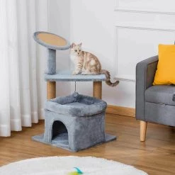 Meilleure vente 🛒 Pawhut Arbre à chat griffoirs grattoir jute naturelle centre d'activités niche panier plateforme jeu boule suspendue peluche douce gris 😀 -Promos Chat Boutique 3662970088364 2