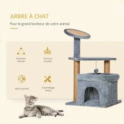 Meilleure vente 🛒 Pawhut Arbre à chat griffoirs grattoir jute naturelle centre d'activités niche panier plateforme jeu boule suspendue peluche douce gris 😀 -Promos Chat Boutique 3662970088364 4